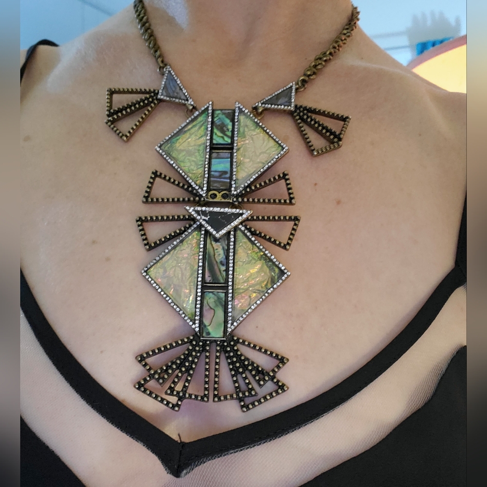 Baublebar art deco statement necklace, gold, green, black, cream, copper, stone - Picture 3 of 15